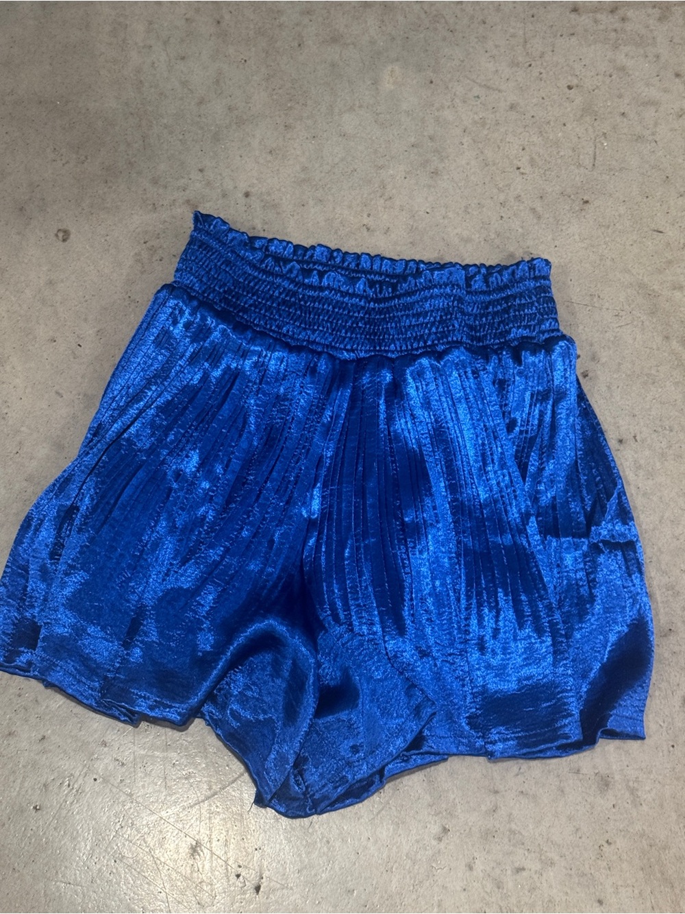 Women's Shiny Blue Elastic Waist Pleated Shorts